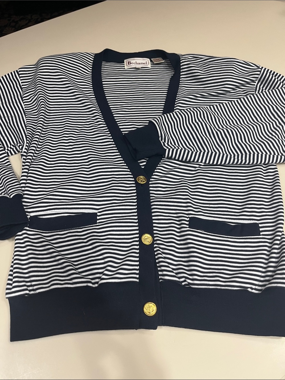 Bechamel Navy & White Striped Button Front Cardigan with Gold Buttons